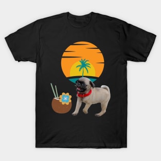 Tiny dog , coco drink and palm tree on sunset background . T-Shirt